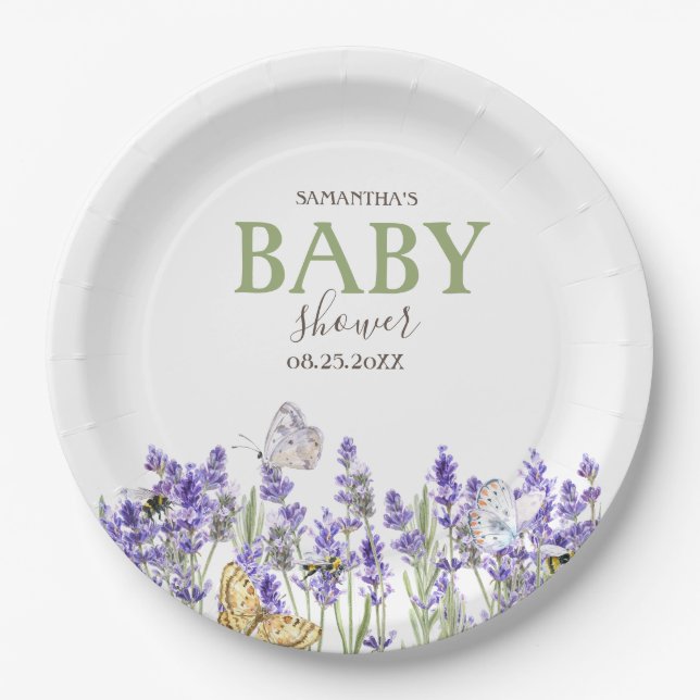 Plato De Papel Lavander Butterflies Baby Shower botánico (Anverso)