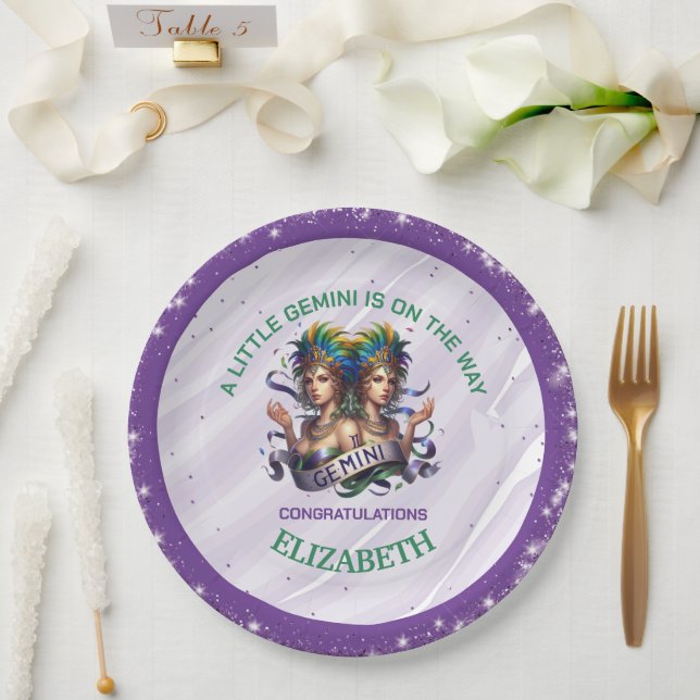 Plato De Papel Lavender and Green Gemini Zodiac Baby Shower (Boda)