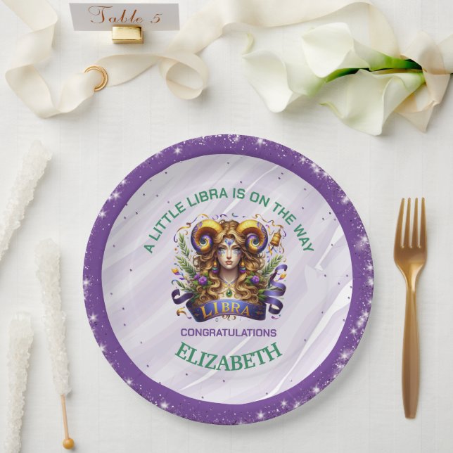 Plato De Papel Lavender and Green Libra Zodiac Baby Shower (Boda)