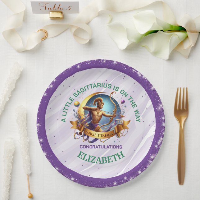 Plato De Papel Lavender and Green Sagittarius Zodiac Baby Shower (Boda)