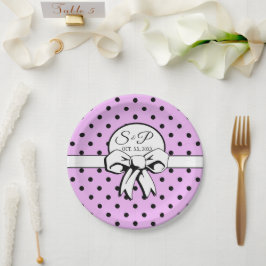 Plato De Papel Lavender Black Polka Dot White Bow Personalizado