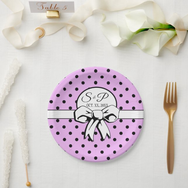 Plato De Papel Lavender Black Polka Dot White Bow Personalizado (Boda)