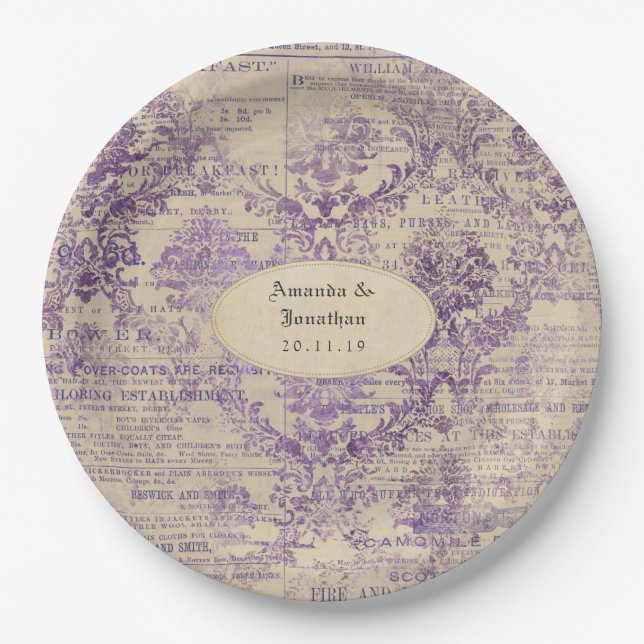 Plato De Papel Lavender Ephemera Boda (Anverso)
