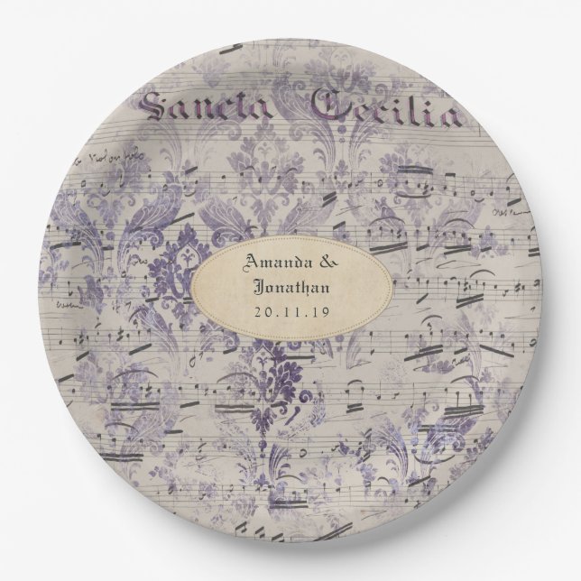 Plato De Papel Lavender Ephemera Music Notes Boda (Anverso)