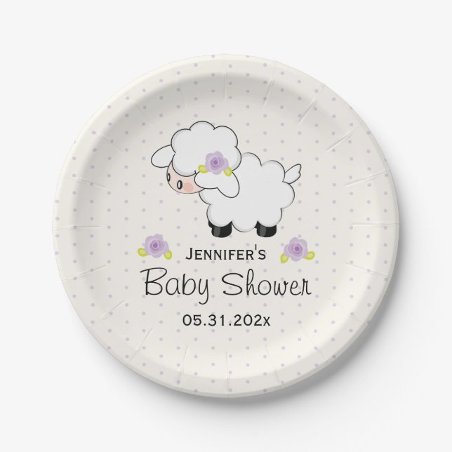 Plato De Papel Lavender Floral Lamb Baby Shower (Anverso)