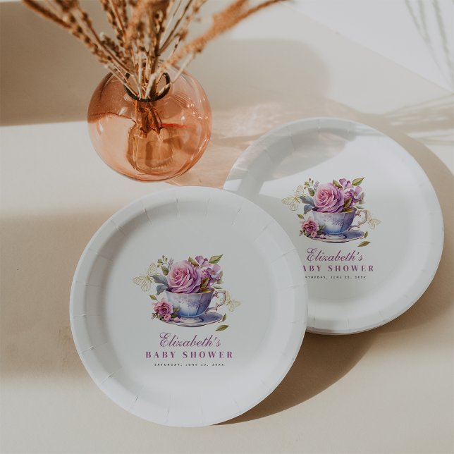 Plato De Papel Lavender Floral Tea Cup Baby Fiesta Baby Shower (Lavender Floral Tea Cup Baby Tea Party Baby Shower Paper Plates #babyteaparty
#butterflybabyshower)