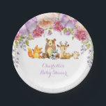 Plato De Papel Lavender Floral Woodland Animals Baby Shower<br><div class="desc">Magnífico plato de papel con temática de bosque,  con rosas de color morado y adorables animales de la selva. Decoración perfecta para la ducha de bebé,  rociado de bebé,  fiesta de cumpleaños,  etc.</div>