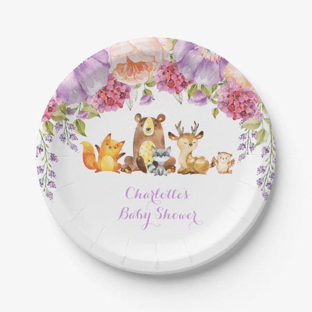 Plato De Papel Lavender Floral Woodland Animals Baby Shower (Anverso)