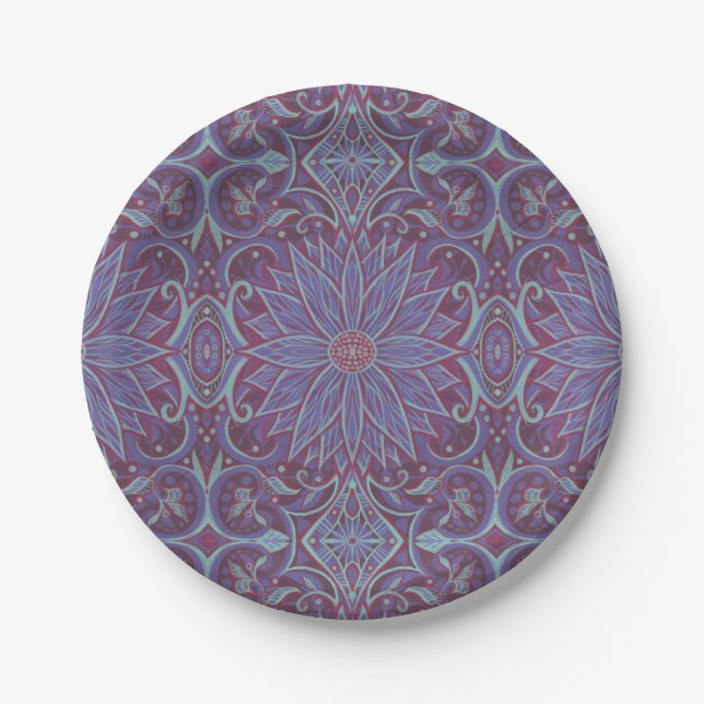 Plato De Papel Lavender Lotus Floral Arabesque Pattern (Anverso)