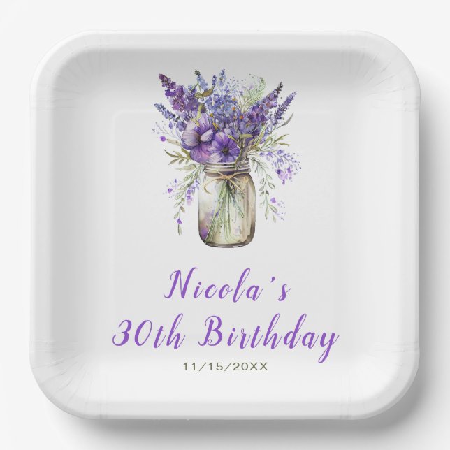 Plato De Papel Lavender Mason Jar Cumpleaños (Anverso)