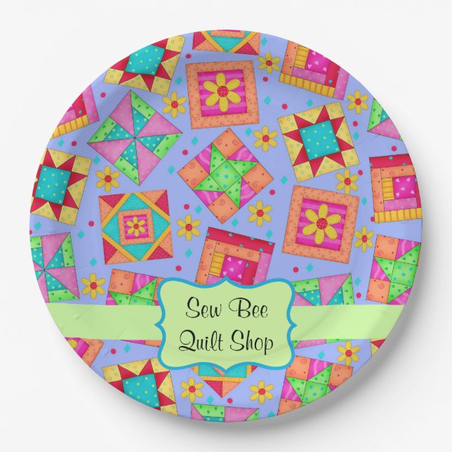 Plato De Papel Lavender Patchwork QuilBlock Name Happy Birthday (Anverso)