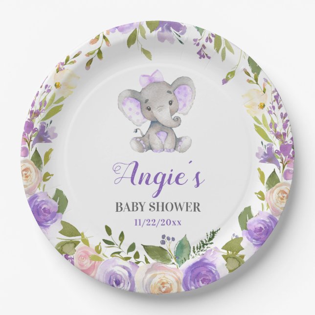 Plato De Papel Lavender Purple Chica Elephant Baby Shower Table (Anverso)