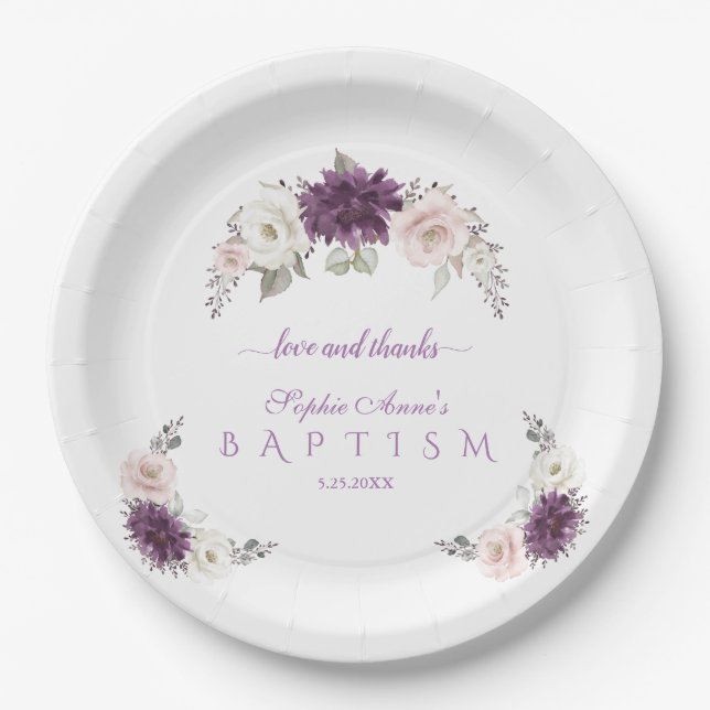Plato De Papel Lavender Rubor White Floral Baptismo (Anverso)
