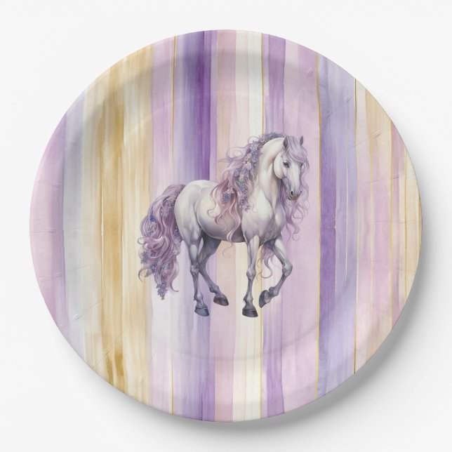 Plato De Papel Lavender White Horse Stripes Cumpleaños (Anverso)