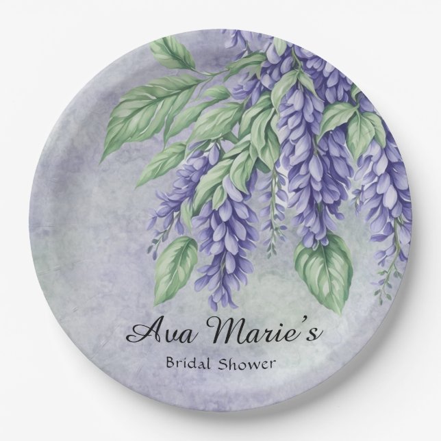 Plato De Papel Lavender Wisteria Flores Marble Bridal Ducha (Anverso)