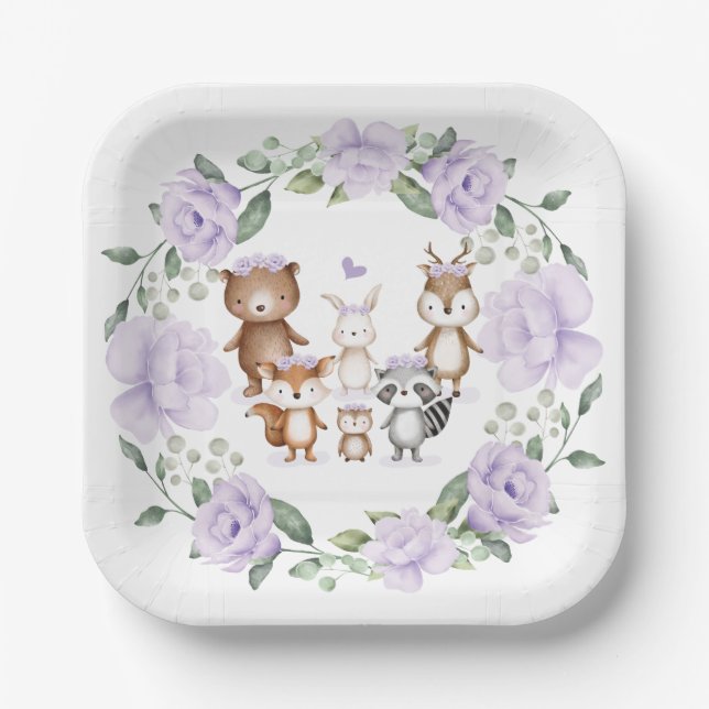 Plato De Papel Lavender Woodland Forest Animals Fiesta de Cumplea (Anverso)