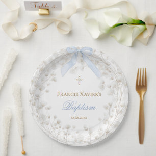 Plato De Papel lazo azul flores de bebé blanco Bautizo