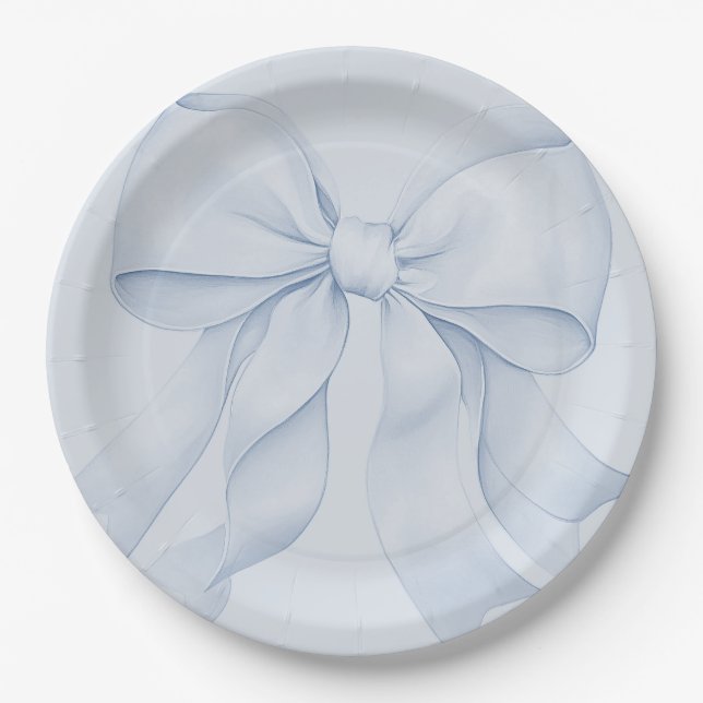 Plato De Papel Lazo azul polvoriento decoración elegante (Anverso)