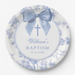 Plato De Papel Lazo azul vintage flores bautizo
