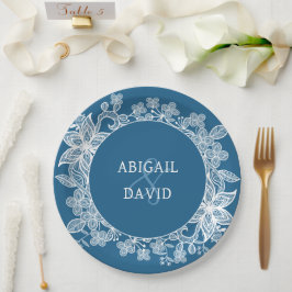 Plato De Papel Lazo blanco sobre el Boda azul