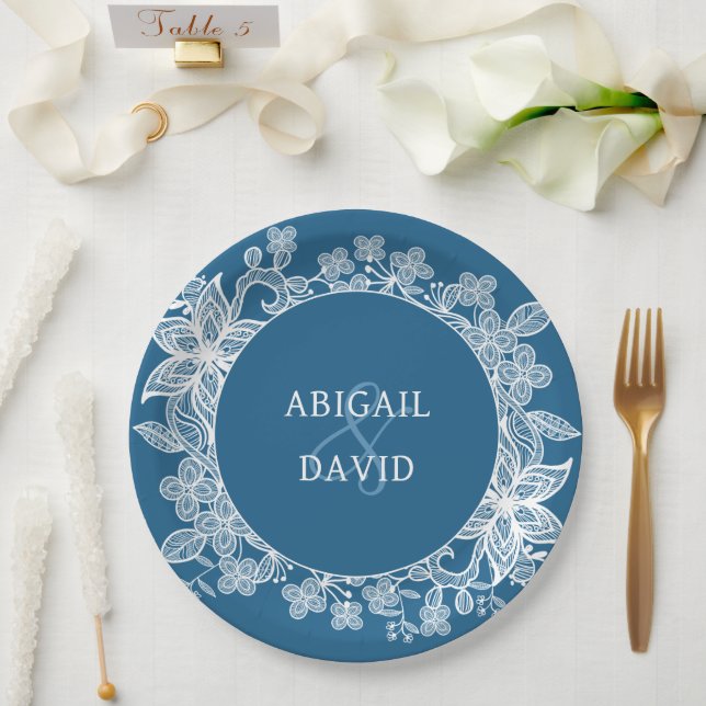 Plato De Papel Lazo blanco sobre el Boda azul (Boda)