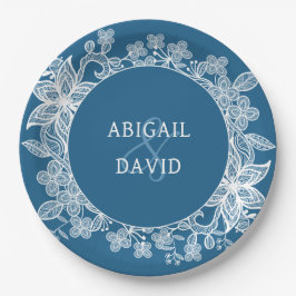 Plato De Papel Lazo blanco sobre el Boda azul