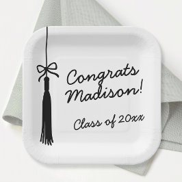 Plato De Papel Lazo Coquette Grad Borla Graduación Negro y Blanco