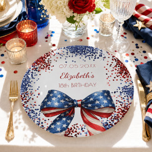 Plato De Papel Lazo de bandera roja blanca y azul patriótica de c