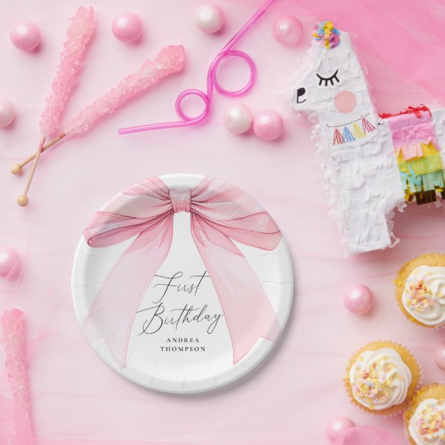 Plato De Papel Lazo de Coqueta Rosa Elegante para Cumpleaños de u (Fiesta)