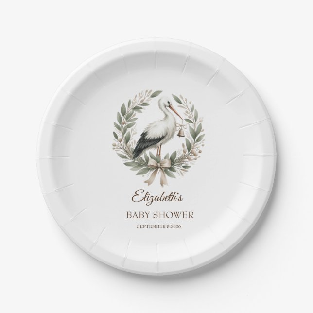 Plato De Papel Lazo de corona de fiesta con cigüeña (Anverso)
