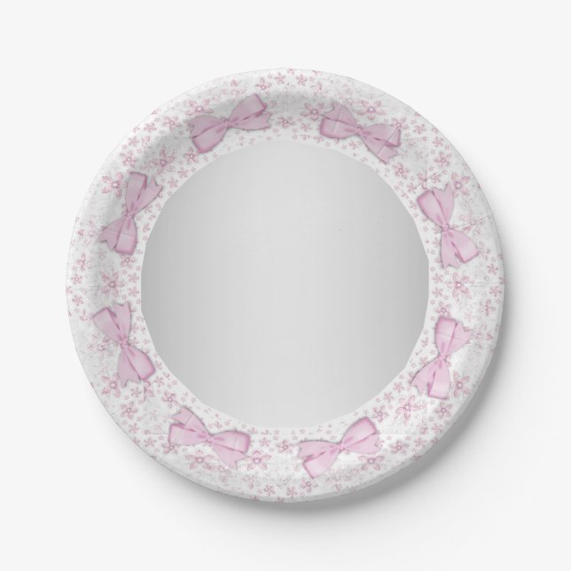 Plato De Papel Lazo de encaje rosa Cumpleaños bebé gris (Anverso)