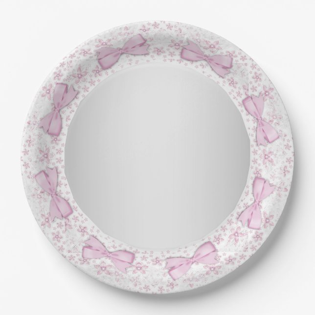 Plato De Papel Lazo de encaje rosa Cumpleaños bebé gris (Anverso)