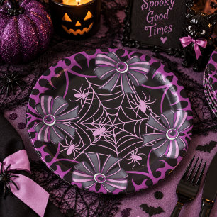 Plato De Papel Lazo de telaraña de araña negra púrpura Halloween
