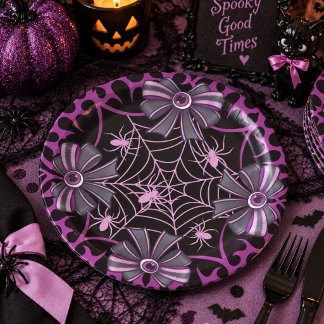 Plato De Papel Lazo de telaraña de araña negra púrpura Halloween
