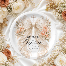 Plato De Papel Lazo floral de bautizo con perla
