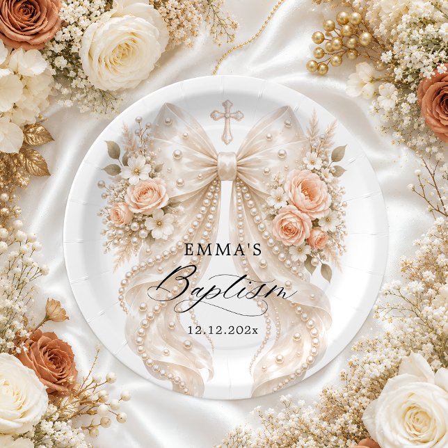Plato De Papel Lazo floral de bautizo con perla (Subido por el creador)