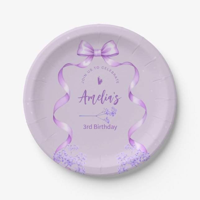Plato De Papel Lazo Morado Cumpleaños Cualquier Edad (Anverso)