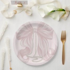 Plato De Papel Lazo rayado rosa y collar de perlas
