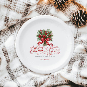 Plato De Papel Lazo Rojo de Acebo de Navidad Tipografía Roja de A