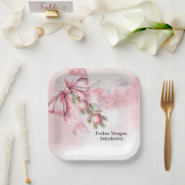 Plato De Papel Lazo rosa acuarela con borlas para baby shower 