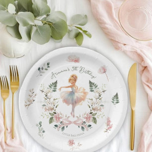 Plato De Papel Lazo Rosa Caprichoso y Bailarina de Acuarela Cumpl