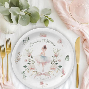 Plato De Papel Lazo Rosa Caprichoso y Bailarina de Acuarela Cumpl