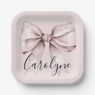 Plato De Papel Lazo rosa coqueta estética Personalizado cuadrado