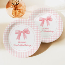 Plato De Papel Lazo rosa Coquette elegante cumpleaños 1