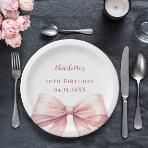 Plato De Papel Lazo rosa elegante cumpleaños