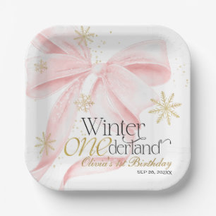 Plato De Papel Lazo Rosa Invierno Onederland Cumpleaños 1