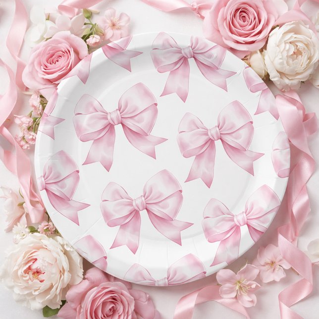 Plato De Papel Lazo Rosa para Bebé Niña Elegante Baby Shower (Pink Bow Baby Girl Elegant Baby Shower Paper Plates)