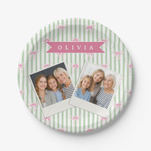 Plato De Papel Lazo Rosa Personalizado Cuadro Verde Coquette Prep