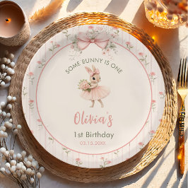 Plato De Papel Lazo rosa y floral Algún conejo cumple un año 1er