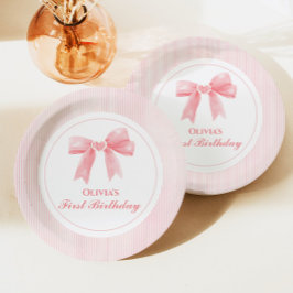 Plato De Papel Lazo rosa y rayas Coquette cumpleaños 1